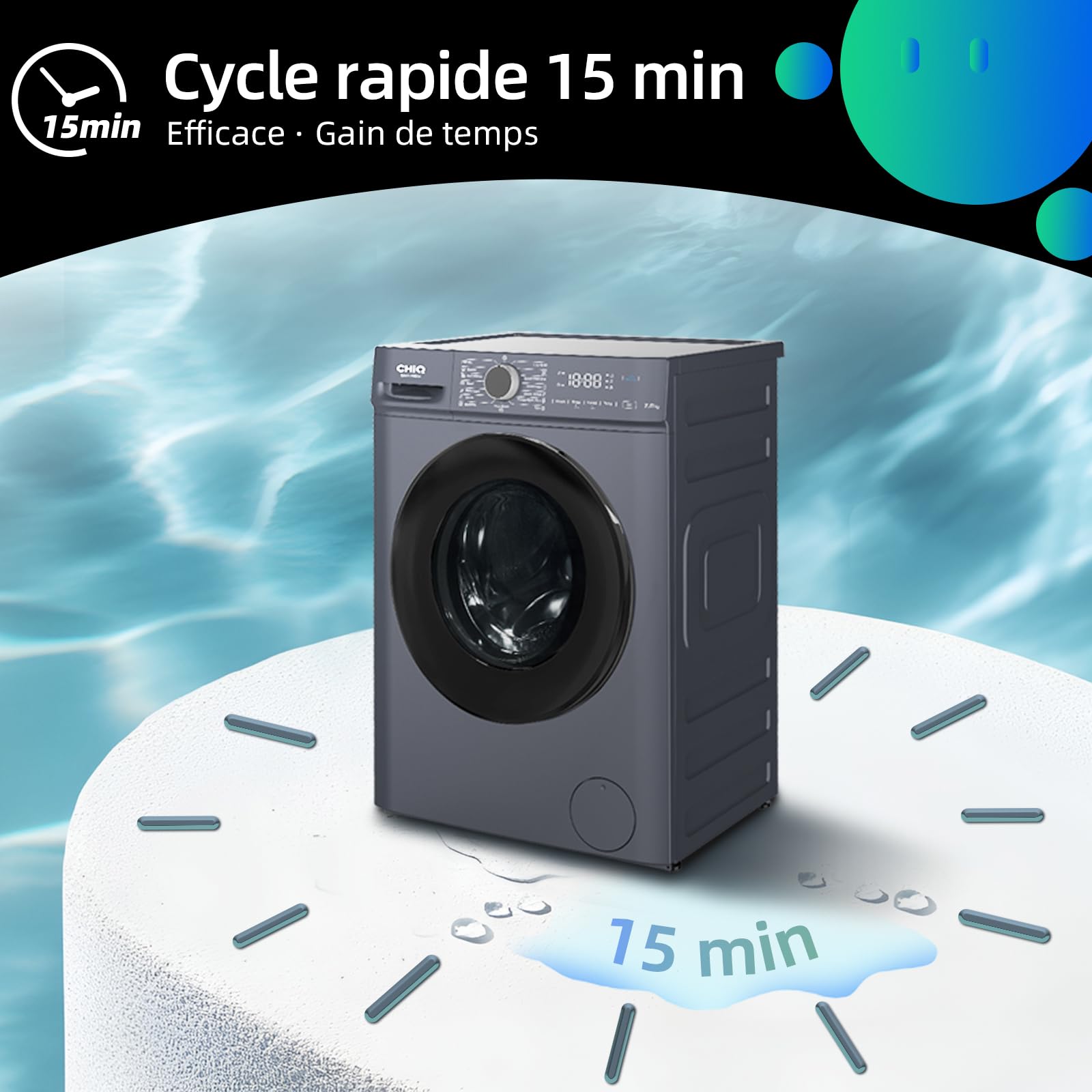 CW07123863AX Lave linge hublot - 7kg, Classe énergétique A, Moteur BLDC 1200 RPM, Lavage vapeur & rapide, 15 programmes, Design compact (60x46.5x84cm) - Gris – Image 10